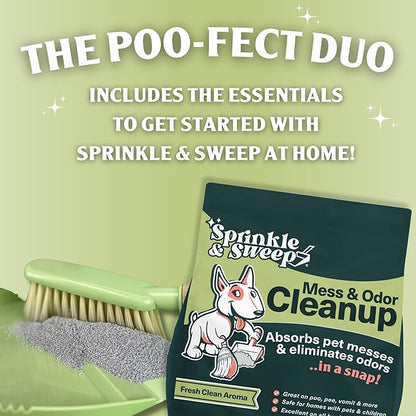 Sprinkle & Sweep: Pet Mess & Odor Cleanup Duo - 15oz Bag & Dustpan Broom - Dog Accident Clumping Powder, Remove Urine-Poop-Vomit from Hard Services