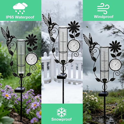 YJFWAL Hummingbird Rain Gauge Outdoor, Decorative Metal Sunflower Solar Rain Gauge with LED Light and Thermometer, Garden Decor for Yard, Lawn, Pathway, Farm