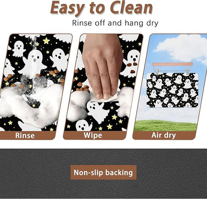 Halloween Pet Feeding Mat,Ghosts Absorbent Quick-Dry Cat Dog Food and Water Bowl Mats,Non-Slip Rubber Backing Mat,Cat Dog Accessories Supplies 12"x20"