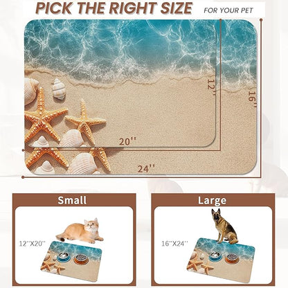 Beach Starfish Dog Food Mat for Floors,Cute Seashell Absorbent Pet Food and Water Bowl Mats,Non-Slip Pet Feeding Mat,Pet Supplies 12" x 20"