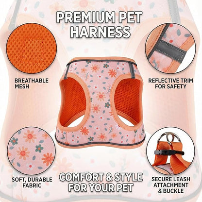 Mihqy Step in Dog Harness and Leash Set, Reflective Adjustable No Pull Dog Harness for Small Medium Dogs Puppy and Cats, Soft Padded Mesh Vest Harnesses for Girl and Boy Pets(Orange Floral,L)
