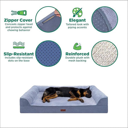 FurHaven Jumbo (40"x32") Cooling Gel Dog Bed – Cool Gel Memory Foam Sofa Pet Bed, Embossed Velvet, Removable Washable Cover, Steel Blue