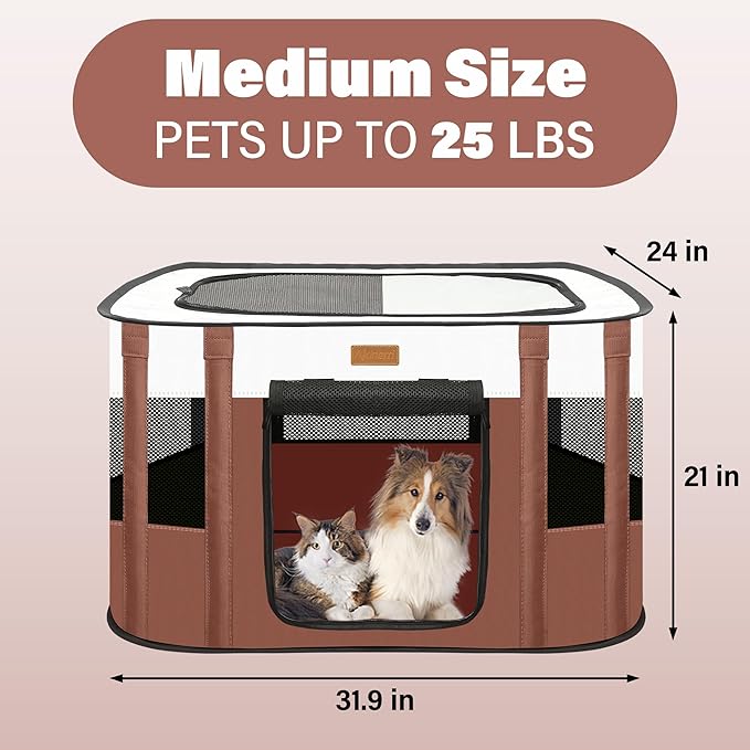 Dog Playpen - Foldable Cat Play Pens for Pubby, Kitten, Rabbit, Portable Pet Tent with Carring Bag for Indoor/Outdoor Travel Camping (Brown-Medium)