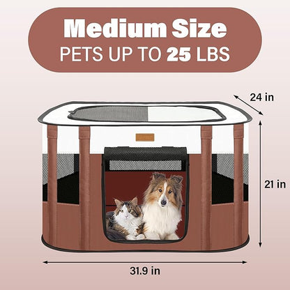 Dog Playpen - Foldable Cat Play Pens for Pubby, Kitten, Rabbit, Portable Pet Tent with Carring Bag for Indoor/Outdoor Travel Camping (Brown-Medium)