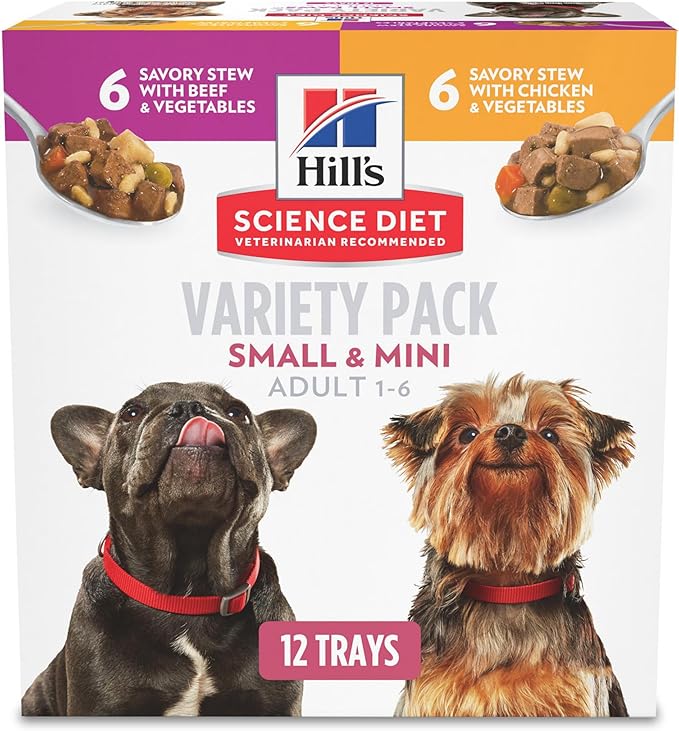 Hill's Science Diet Small & Mini, Adult 1-6, Small & Mini Breeds Premium Nutrition, Wet Dog Food, Variety Pack: Chicken & Vegetables; Salmon & Vegetables Stew, 3.5 oz Tray Variety Pack, Case of 12