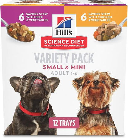 Hill's Science Diet Small & Mini, Adult 1-6, Small & Mini Breeds Premium Nutrition, Wet Dog Food, Variety Pack: Chicken & Vegetables; Salmon & Vegetables Stew, 3.5 oz Tray Variety Pack, Case of 12