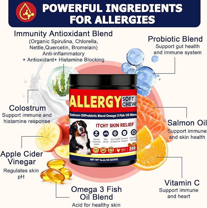 Dog Allergy Chews for Itchy Skin Relief – Dog Allergy Itching Skin Relief & Immune Support Anti Itch Probiotics for Yeast, Itchy Skin and Itchy Ears – Gut & Immune Support, 200 Chews