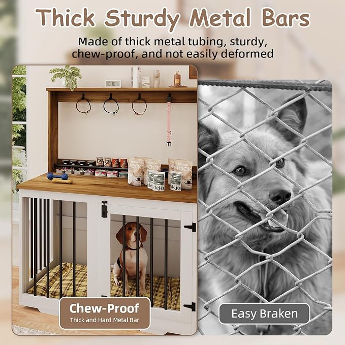 31'' Wooden Dog Crate Furniture with Storage Shelf & 4 Hooks - Heavy Duty Dog Kennel for Small/Medium Dogs, Indoor Pet Cabinet, Side Table, White