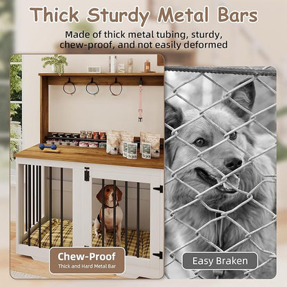 31'' Wooden Dog Crate Furniture with Storage Shelf & 4 Hooks - Heavy Duty Dog Kennel for Small/Medium Dogs, Indoor Pet Cabinet, Side Table, White