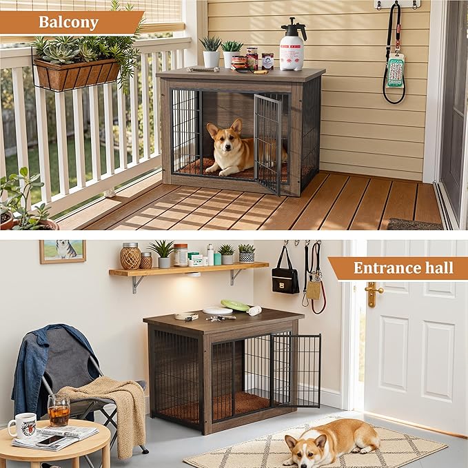 Greesum Modern Dog Crate Furniture That Doubles as a Side Table - Sturdy Wooden Kennel with Double Door Design, Equipped with Soft Cushion & Chew-Resistant Resign, Suitable for Dogs
