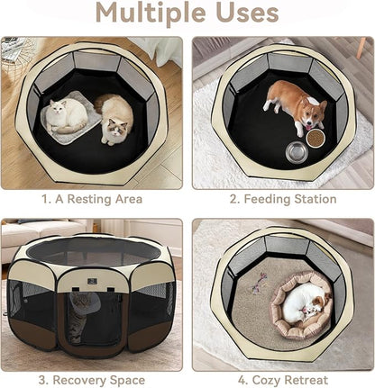 Dog Playpen for Small Dogs & Puppies, 50.39" Portable Indoor Outdoor Puppy Playpen with Bowl, Waterproof Floor, Foldable Pop-Up Pet Pen for Home, Travel & Daily Use, Brown+Beige