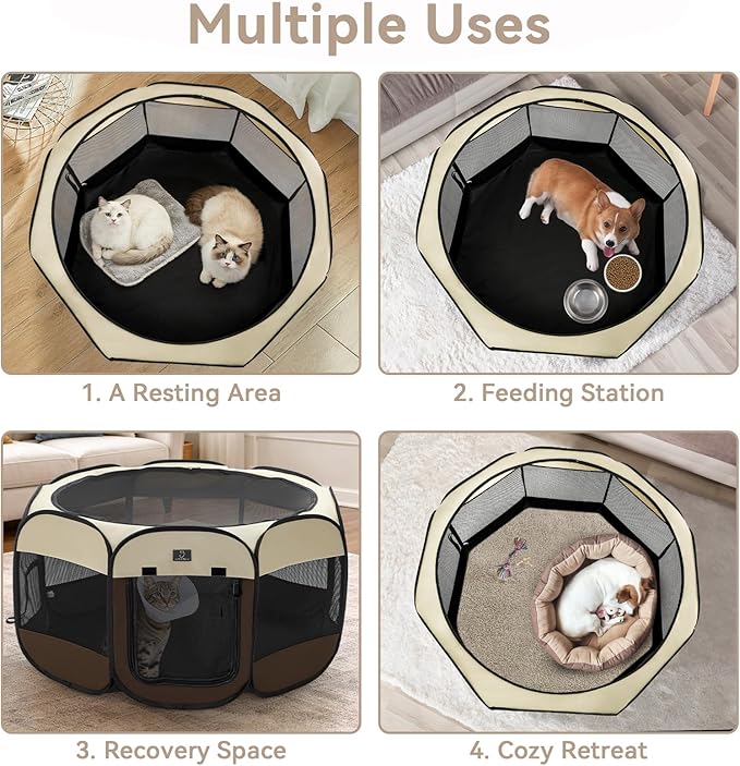 Dog Playpen for Small Dogs & Puppies, 29.92" Portable Indoor Outdoor Puppy Playpen with Bowl, Waterproof Floor, Foldable Pop-Up Pet Pen for Home, Travel & Daily Use, Brown+Beige