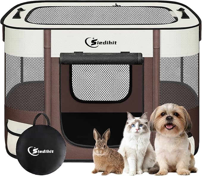 Dog Playpen,Cat Pet Puppy Pen,Portable Playpens for Dogs Indoor Outdoor Travel Camping Use,Foldable Dog Kennel Tent Crate for Rabbit Small Animals with Carrying Case (Brown, Small)