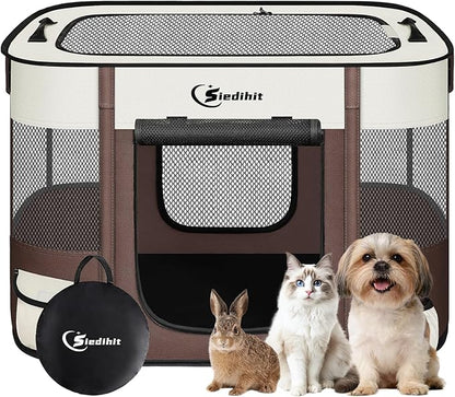 Dog Playpen,Cat Pet Puppy Pen,Portable Playpens for Dogs Indoor Outdoor Travel Camping Use,Foldable Dog Kennel Tent Crate for Rabbit Small Animals with Carrying Case (Brown, Small)