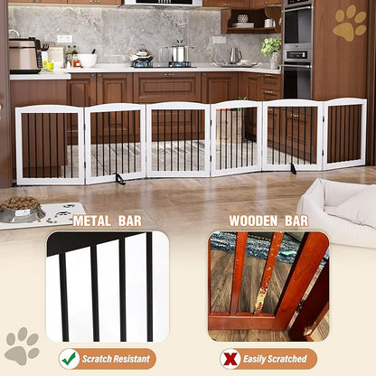 PUPETPO Freestanding Pet Gate for Dogs, Foldable Wooden Dog Gate for House, Extra Wide Indoor Pet Barrier for Stair, Doorway, Hall, Support Feet Included, 120 Inch Wide, 6 Panels 24", White