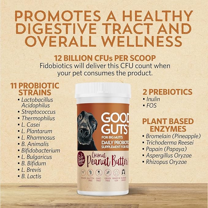 Fidobiotics Good Guts for Big Mutts Probiotic for Dogs, 12 Billion CFUs, 11 Strains, 5 Digestive Enzymes, 2 Prebiotics, Digestive Gut Health for Dogs, Adult & Puppy Probiotics Supplements, Pack of 2
