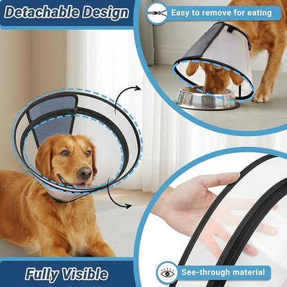 Dog Cone to Stop Licking, Clear Recovery Collar with Detachable Zipper, Sturdy Elizabethan Collar for Large Medium Small Dogs, Soft Adjustable Cone After Surgery Patented, Black XL
