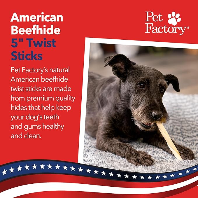 Pet Factory American Beefhide 5in Twist Sticks Dog Dental Chews - Natural Rawhide Dental Chews for Small to Medium Dogs, Promotes Oral Health - Natural, 5 Inches (1 lb Pack)