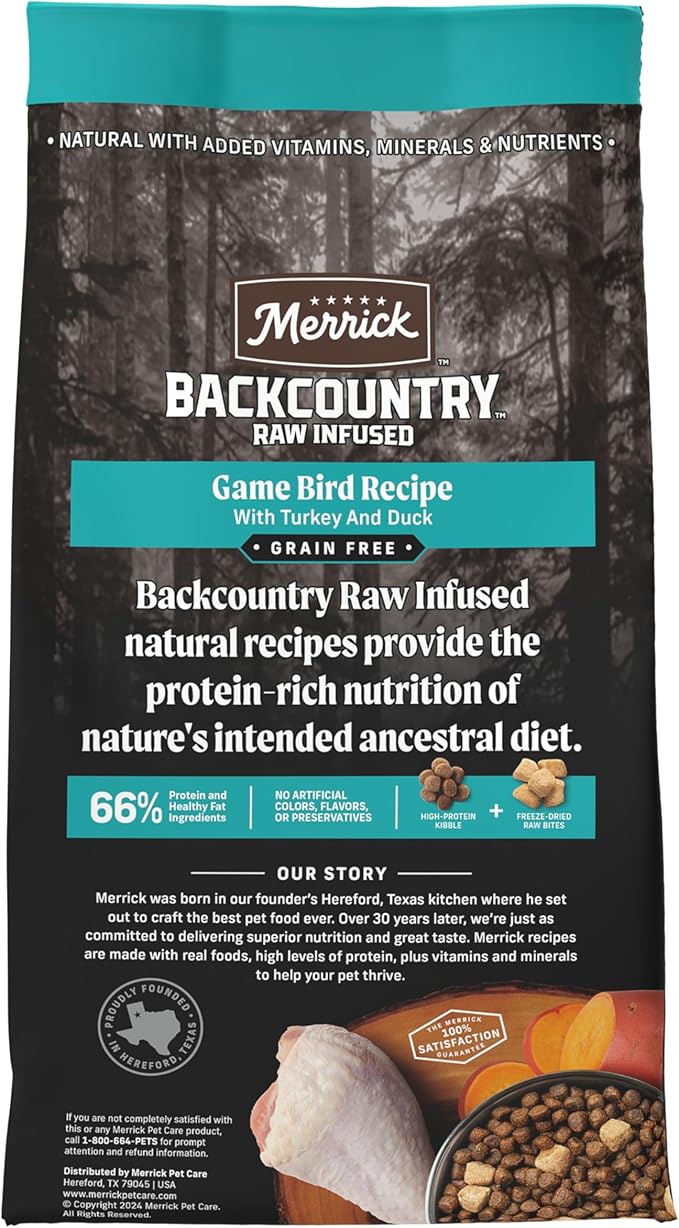 Merrick Backcountry Grain Free Dry Adult Dog Food, Kibble With Freeze Dried Raw Pieces, Game Bird Recipe - 20.0 lb. Bag