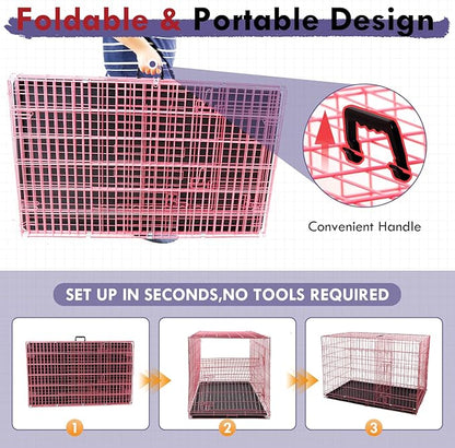 PayLessHere Large Dog Crate Kennel for Medium Large Dogs 30 inches Metal Dog Cage Double-Door Folding Travel Indoor Outdoor Puppy Playpen with Divider and Handle Plastic Tray,Pink