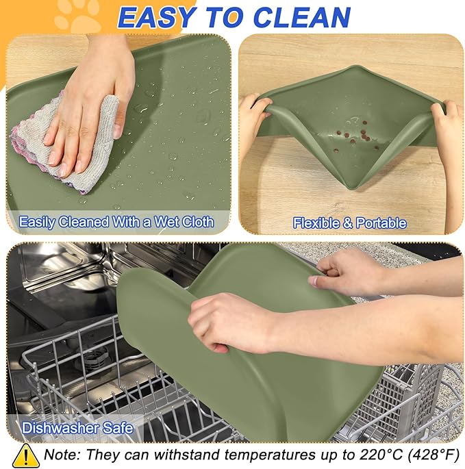 SMILOOL Silicone Pet Feeding Mat with Raised Edge for Food and Water, Dog Bowl Mats, Cat Bowls Placemat with High Lip for Floor Waterproof, Rubber Tray for Cats and Dogs 24 x 16 x0.8 Light Olive Green