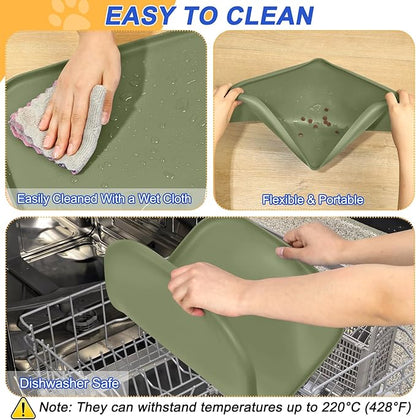 SMILOOL Silicone Pet Feeding Mat with Raised Edge for Food and Water, Dog Bowl Mats, Cat Bowls Placemat with High Lip for Floor Waterproof, Rubber Tray for Cats and Dogs 24 x 16 x0.8 Light Olive Green