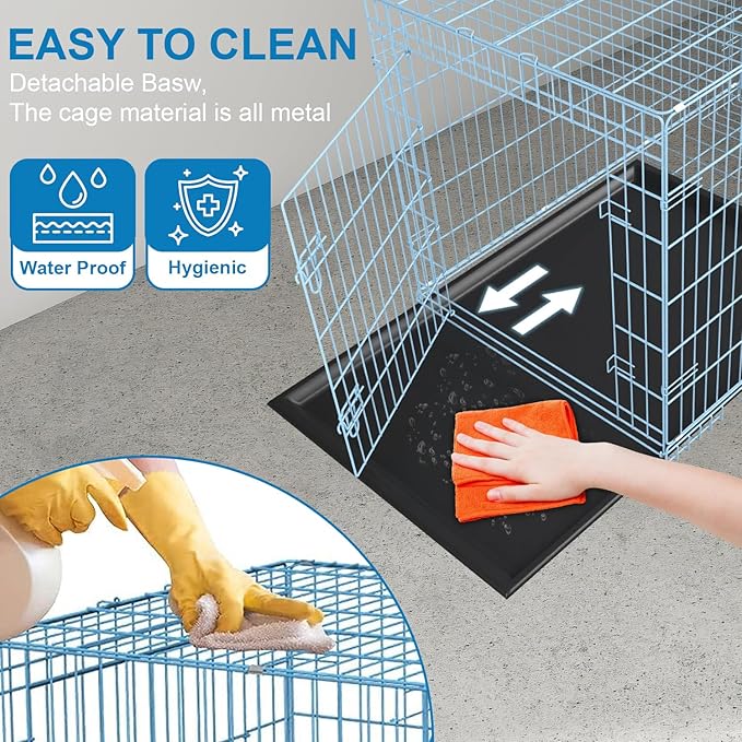 Dog Crate, Wire Kennel with Divider Panel, Metal Cages with Double Door, Leak-Proof Pan Tray, Folding Portable Pet Dog Cage for Indoor Outdoor Travel (Blue, 48")