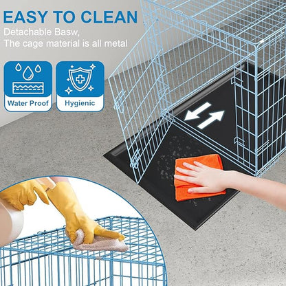 Dog Crate, Wire Kennel with Divider Panel, Metal Cages with Double Door, Leak-Proof Pan Tray, Folding Portable Pet Dog Cage for Indoor Outdoor Travel (Blue, 48")