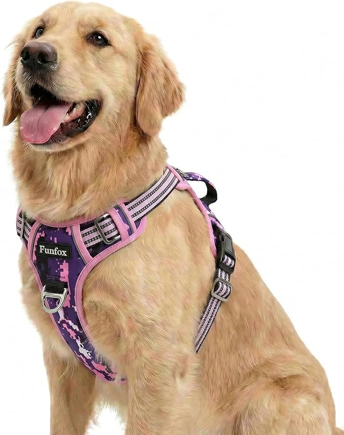 Funfox Dog Harness No Pull, Adjustable Pet Vest Harness, Super Soft Material with Vertical Handle Easy Control, Reflective Night Walking, 2 Leash Clips for Large Dogs, Mosaic Pink, L