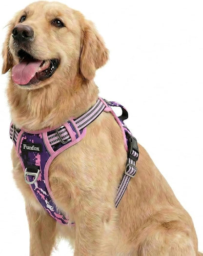 Funfox Dog Harness No Pull, Adjustable Pet Vest Harness, Super Soft Material with Vertical Handle Easy Control, Reflective Night Walking, 2 Leash Clips for Large Dogs, Mosaic Pink, L