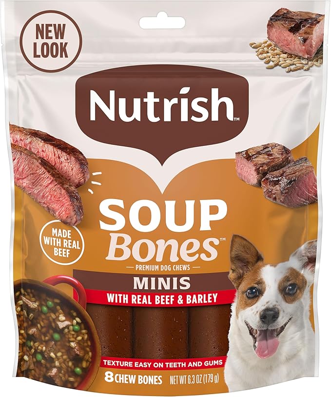 Nutrish Soup Bones Minis Premium Dog Chews with Real Beef and Barley, 8 Chew Bones, 6.3 oz Pouch, Pack of 7