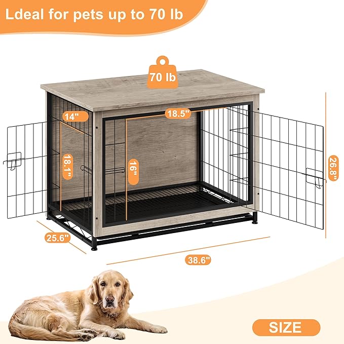 Vongrasig Dog Crate Furniture, Side End Table, Modern Wooden Kennel for Dogs Indoor, Heavy-Duty Dog Cage with Multi-Purpose Removable Tray, Double-Door Dog House, Grey