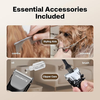 HEAPETS Dog Clippers for Grooming, Low Noise, Electric Quiet, Adjustable Clipper Comb, Rechargeable Cordless Dog Hair Clippers for Dogs Cats Pets, Black