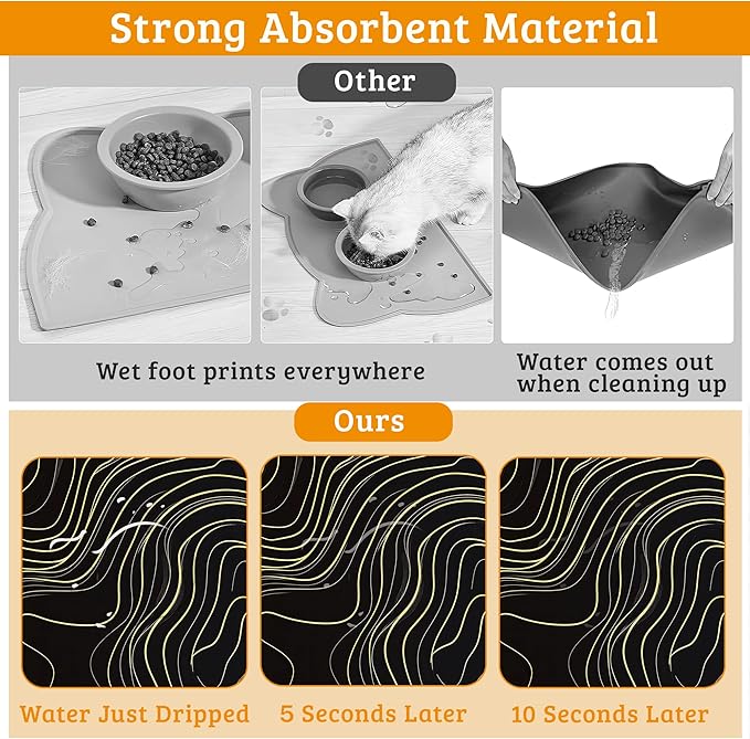 Dog Bowl Mat,Abstract Map Pet Feeding Mat for Floors Waterproof,Golden Lines Texture Absorbent Dogs Placemat for Food and Water Quick Dry Pet Cat Feeding Mats with Non Slip Bottom 16" x 24"