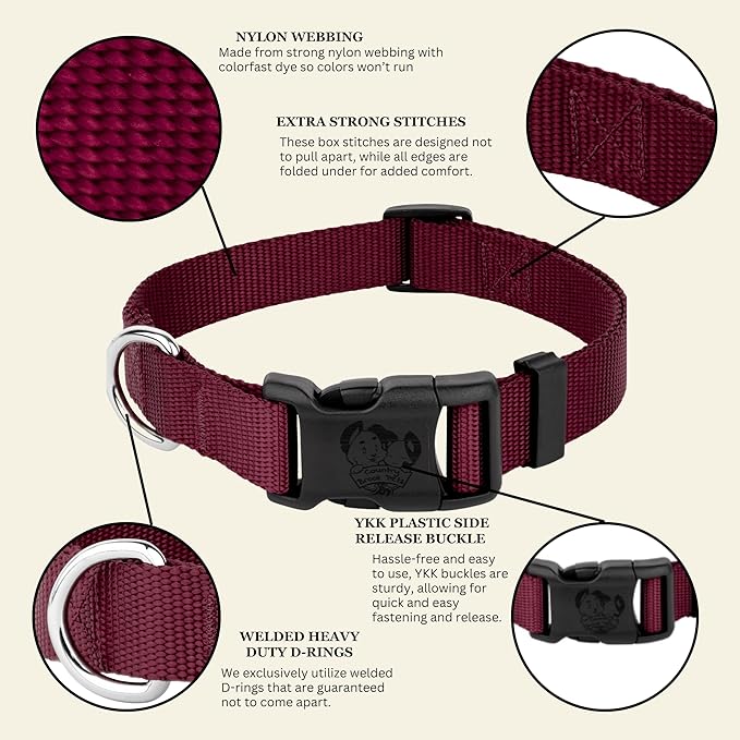 Country Brook Petz - Everyday Nylon Dog Collar for Large, Medium, and Small Dogs and Puppies - for Everyday Use in 10+ Warm Colors (Small, 3/4 Inch Wide, Burgundy)
