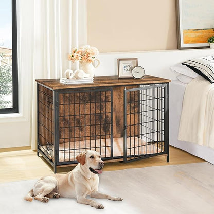 MAHANCRIS Dog Crate Furniture with Cushion, Wooden Dog Kennel with Double Doors, Heavy Duty Dog Cage for Small/Medium/Large Dogs, Indoor Dog House End Table, 39.4" L, Rustic Brown DCHR10701