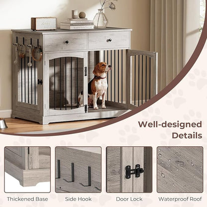 Dog Crate Furniture, Wooden Dog Kennel Furniture, Heavy-Duty Dog Crate End Table with Storage Drawers, Double Doors Decorative Pet Cage House Indoor for Small Medium Dog, 40Inch, Gray