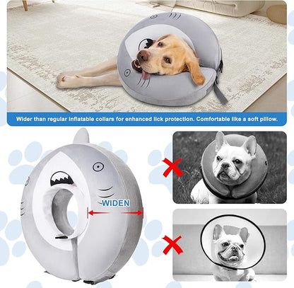 Dog Cone Inflatable Widen Dog Neck Donut Collar, Soft Cone Alternative After Surgery for Large Medium Small Dogs to Stop Licking, Shark, Medium