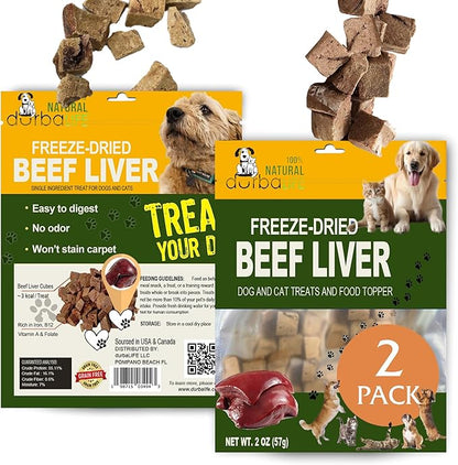 Freeze Dried Two-Pack Treats Bundle Easy-to-Digest Snack / Meal Enhancer Dogs & Cats Crunchy Topper - Bite-Sized Beef Liver Cubes Ideal for Training or Picky Eaters (2 Packs) (2.0 oz each, Beef Liver)