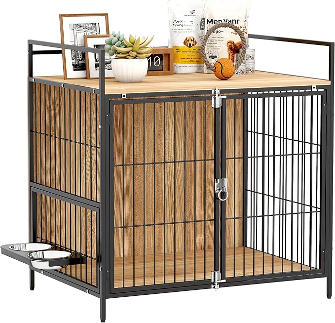 PawHut Dog Crate Furniture with Rotating Bowls, 30 Inch Pet Kennel Furniture End Side Table with 2 Doors, Top Storage Shelf, for Indoor Medium Dogs, Oak
