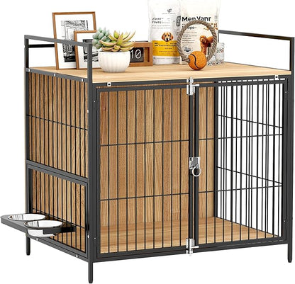 PawHut Dog Crate Furniture with Rotating Bowls, 30 Inch Pet Kennel Furniture End Side Table with 2 Doors, Top Storage Shelf, for Indoor Medium Dogs, Oak
