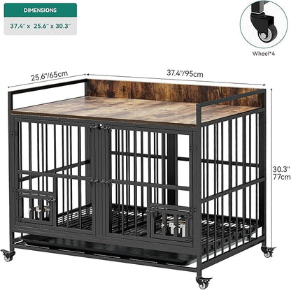 YITAHOME 37.5'' Heavy Duty Dog Crate with Removable Divider, Double Doors & Locks Design, Furniture Style Large Dog Crate with 360° Rotatable Dog Bowls & 360° Wheels & 2 Trays for Small Dog