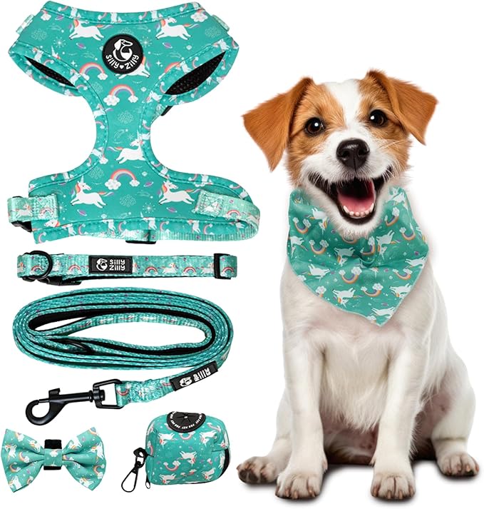 No Pull Harness and Leash Set - 6-in-1 Adjustable Vest Harness and Collars for Medium and Large Dogs. (Tile Unicorn, Large)