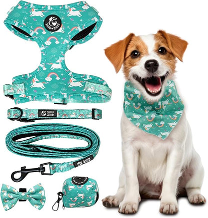 No Pull Harness and Leash Set - 6-in-1 Adjustable Vest Harness and Collars for Medium and Large Dogs. (Tile Unicorn, Medium)