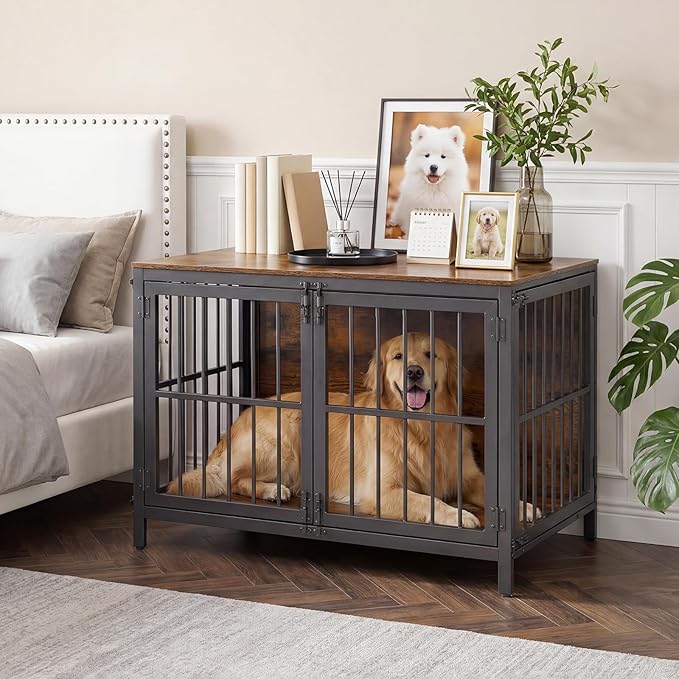 HOOBRO Heavy Duty Dog Crate Furniture, 39.4" Wooden Indoor Kennel with 3 Doors, Chew Resistant Metal Cage for Medium and Large Breeds, Dog Crate Side Table, Black and Rustic Brown BF101GW03