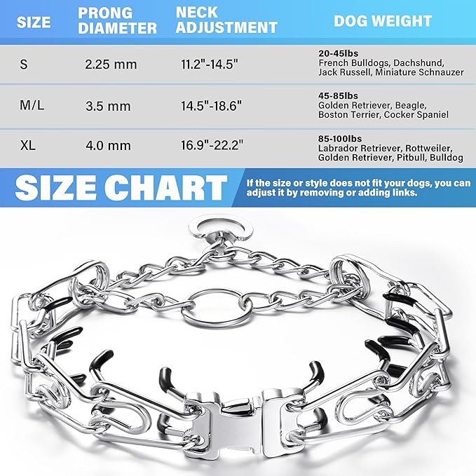 Prong Collar for Dogs, Adjustable Dog Training Collar with Quick Release Buckle for Small Medium Large Dogs (XL/Neck Girth 16.9"-22.2")