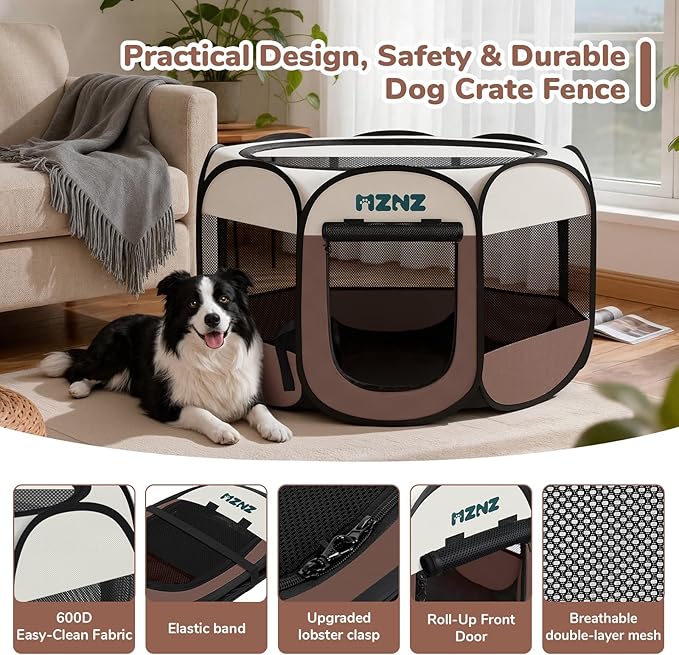 Dog Playpen, Portable Puppy Pet Crate Indoors for Small/Medium/Large Dogs Cats Rabbits, Foldable Dog Cage Enclosure for Outdoor, Pop Up Dogs Tent Kennel with Carrying Case, Brown