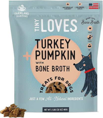 Farmland Traditions Tiny Loves Jerky Topper Trainer Treats for Dogs, Turkey & Pumpkin with Bone Broth, 2 Pound Bag