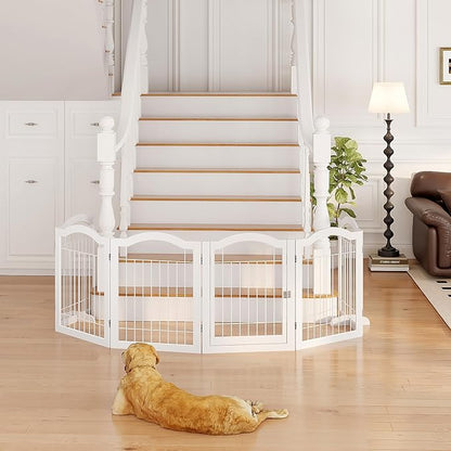 Vantas Folding No-Assembly Dog Door Pet Gate 144" Wide, 30" Tall Wooden Dog Gate with Door Walk Through, Freestanding Wire Pet Gate, Pet Puppy Safety Fence, with 2PCS Support – White