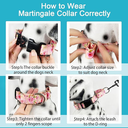 Martingale Collar for Dogs with Buckle Pink Floral Dog Collar No Pull Cute Girl Female Dog Collars for Small Dogs, Watercolor Pink Rose